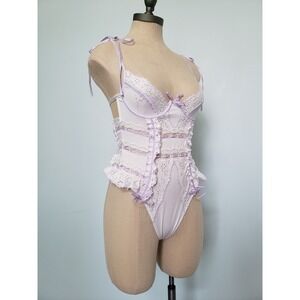 FOR LOVE & LEMONS Eyelet Lace Coquette Teddy Purple White Gingham‎ Trim 32A NWT